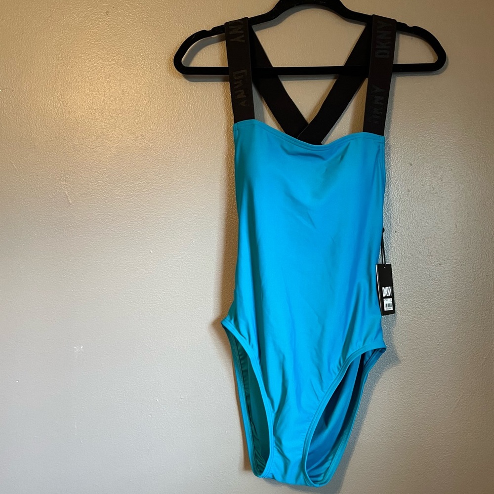 NWT DKNY Sz Med Teal/Black Logo Strap Open-back One-Piece Swimsuit!